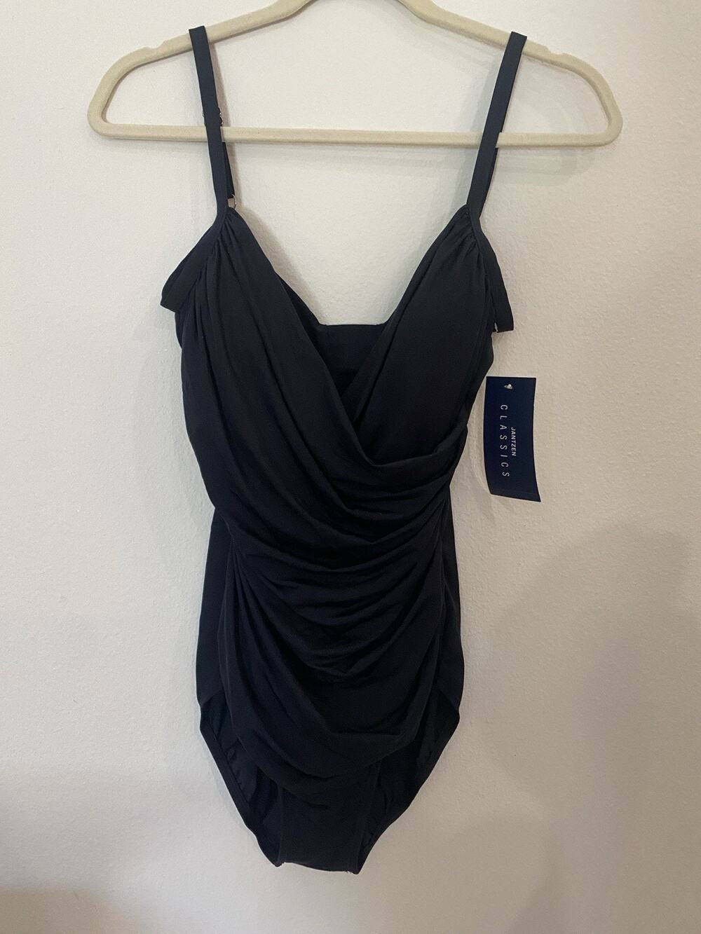 Jantzen Size 12 Surplice Draped One Piece Swimsuit Black Tummy Control NWT $92